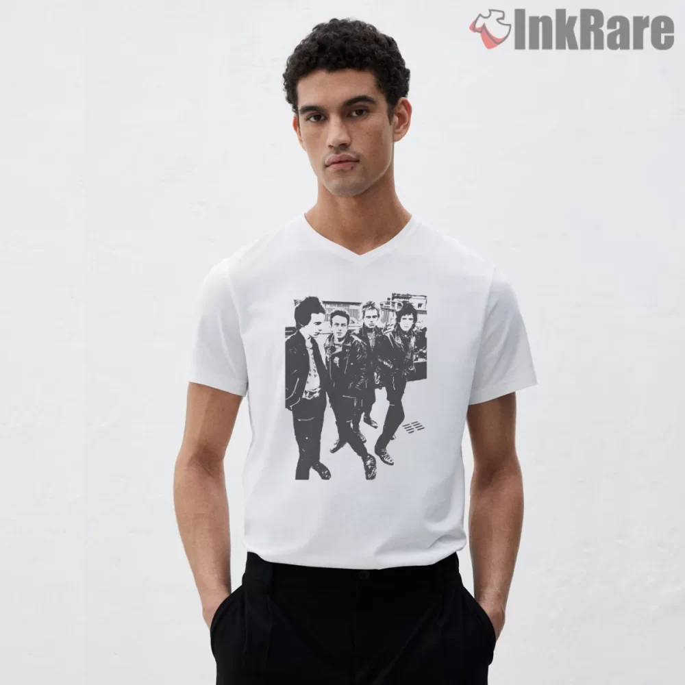 The Clash Vintage Pencil Sketch Band Portrait Shirt on white v-neck shirt for men graphic tee