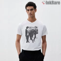 The Clash Vintage Pencil Sketch Band Portrait Shirt on white v-neck shirt for men graphic tee
