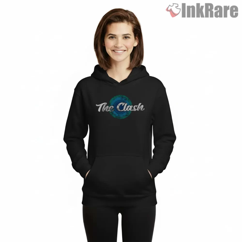 The Clash Vintage Target Logo Faded Shirt on black hoodie for women graphic tee