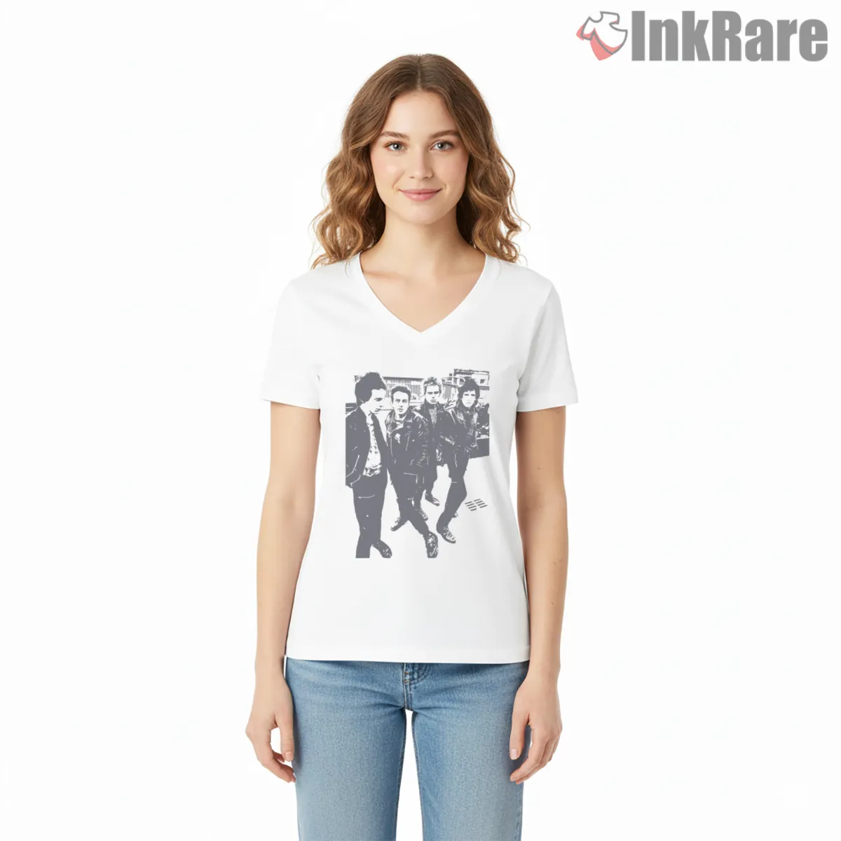 The Clash Vintage Walking Band Photo V Neck White The Clash Vintage Walking Band Photo Shirt on white v-neck shirt for women graphic tee