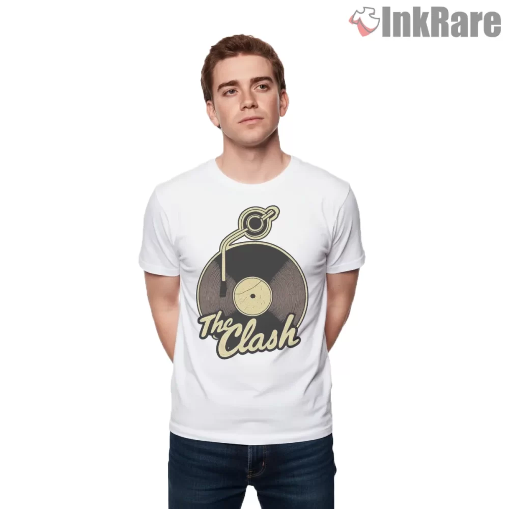 The Clash Vinyl Record Script Logo Shirt on white short sleeve shirt for men graphic tee