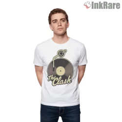 The Clash Vinyl Record Script Logo Shirt on white short sleeve shirt for men graphic tee