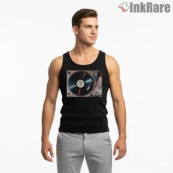 The Clash Vinyl Turntable Listening Session Shirt on black tank top for men graphic tee