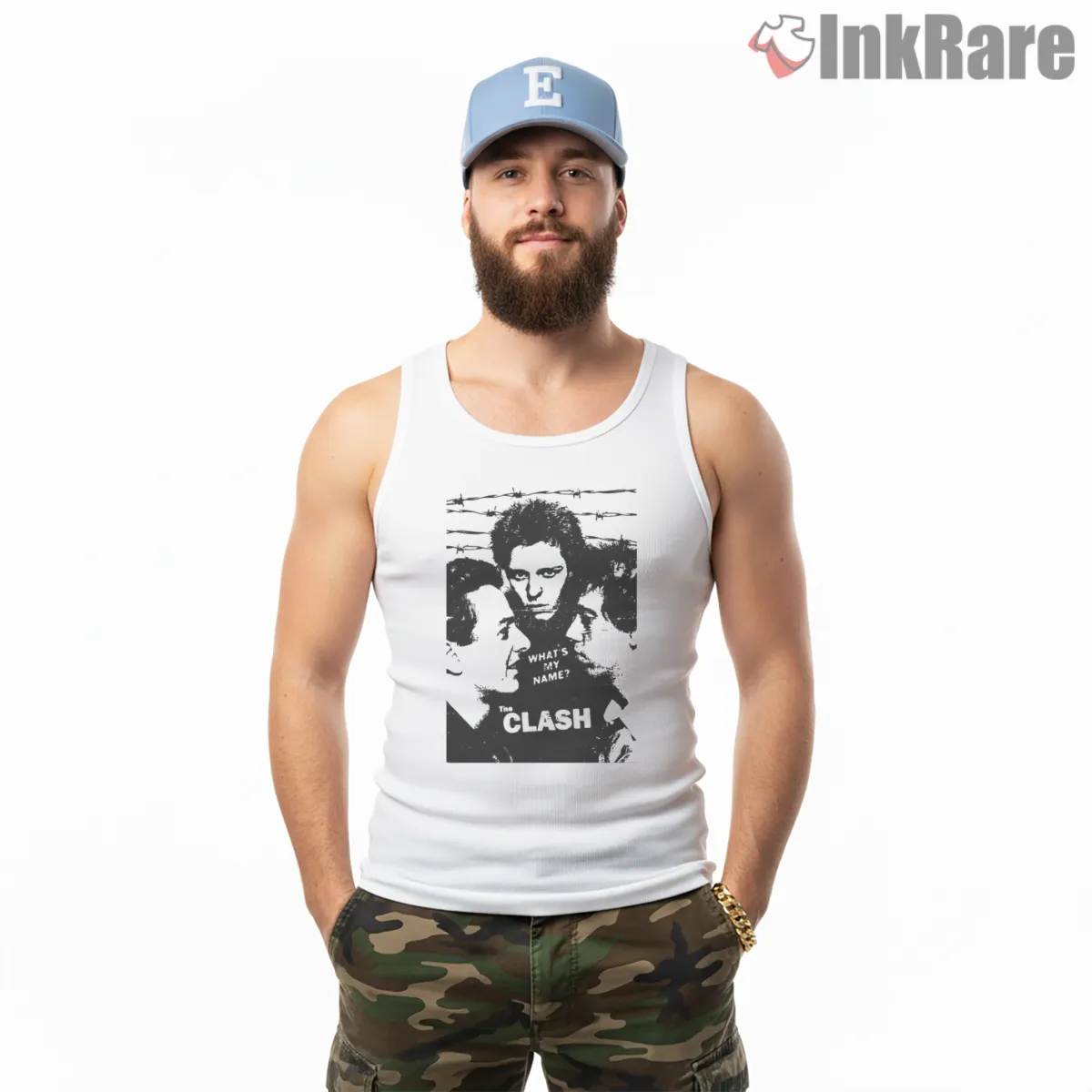 The Clash What Is My Name Portrait Punk Shirt on white tank top for men graphic tee