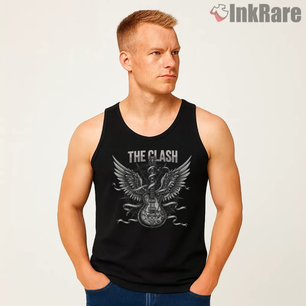 The Clash Winged Guitar Power Crest Shirt on black tank top for men graphic tee