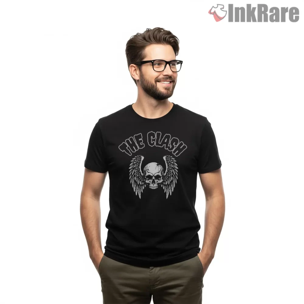 The Clash Winged Skull Punk Emblem Shirt on black short sleeve shirt for men graphic tee