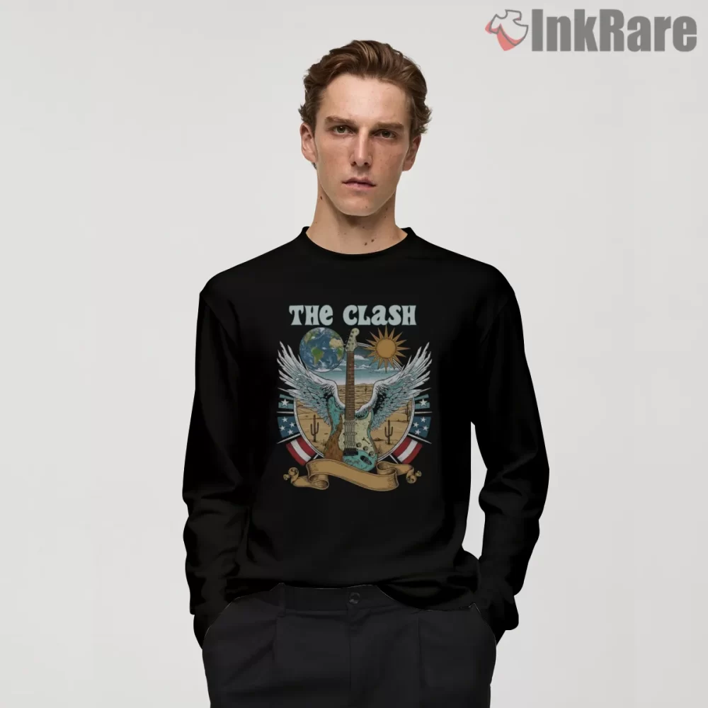 The Clash Wings And Earth Punk Fan Art Shirt on black long sleeve shirt for men graphic tee