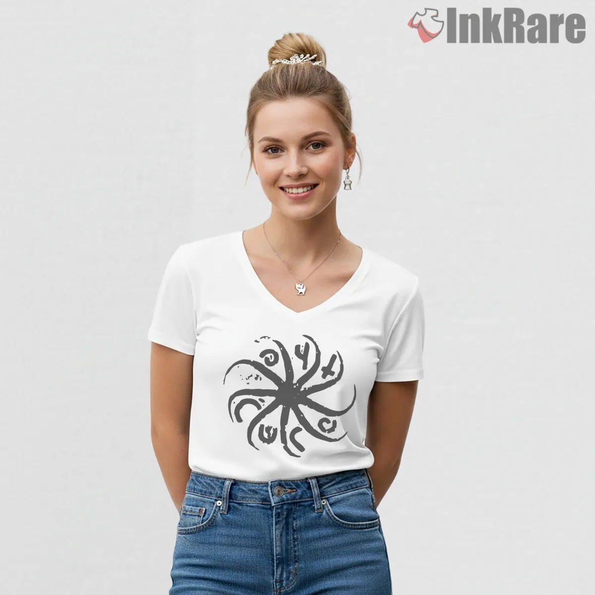 The Cure Abstract Ink Symbol V Neck White The Cure Abstract Ink Symbol Shirt on white v-neck shirt for women graphic tee