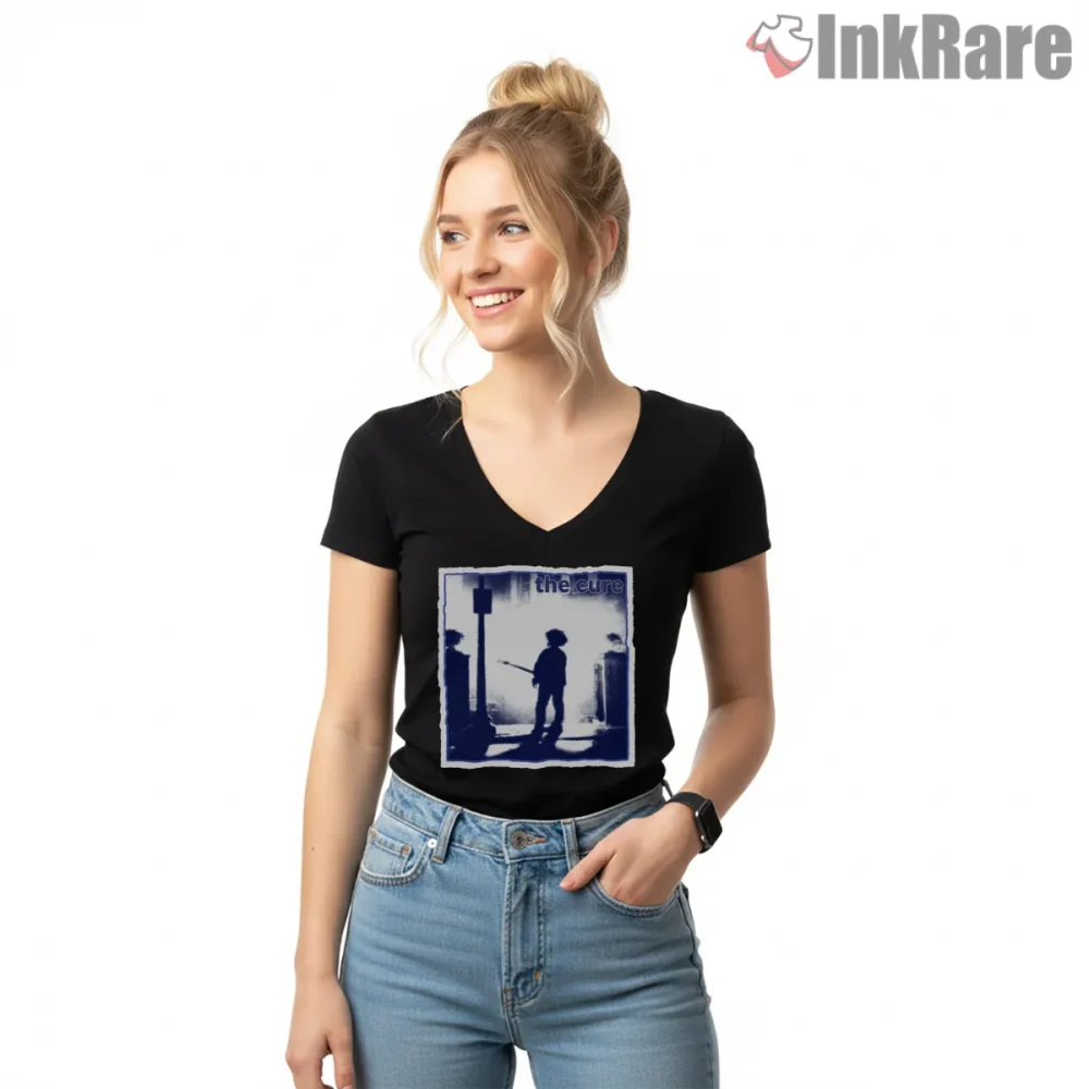 The Cure Blue Shadow Silhouette Shirt on black v-neck shirt for women graphic tee