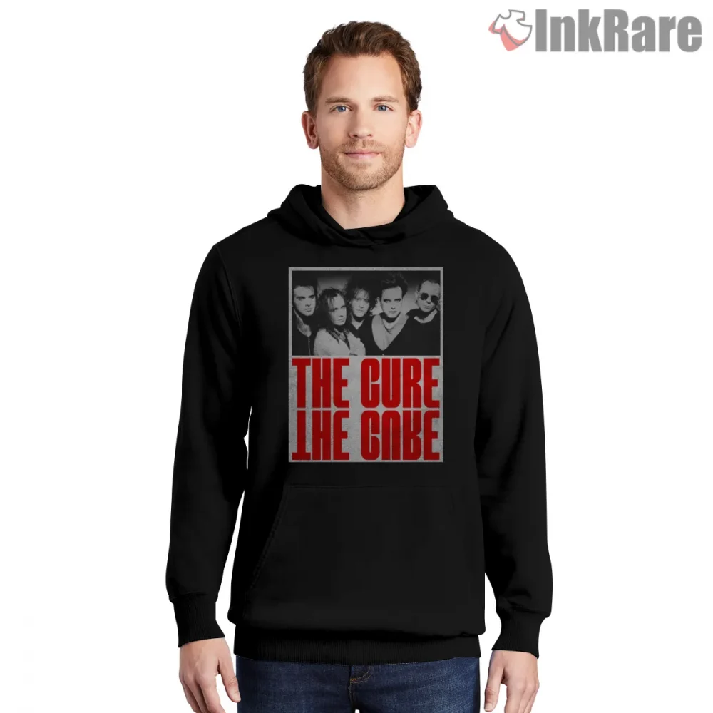 The Cure Bold Red Typography Band Shirt on black hoodie for men graphic tee