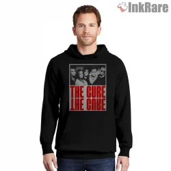 The Cure Bold Red Typography Band Shirt on black hoodie for men graphic tee