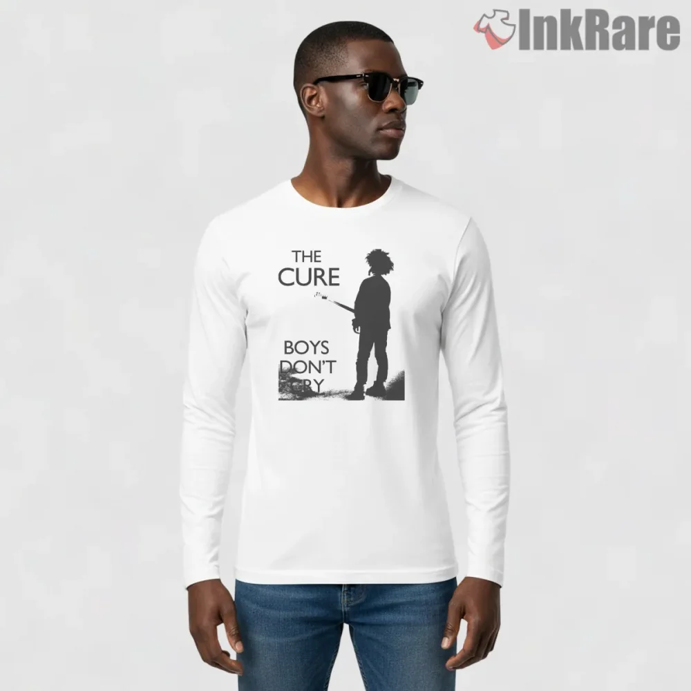 The Cure Boys Dont Cry Silhouette Shirt on white long sleeve shirt for men graphic tee