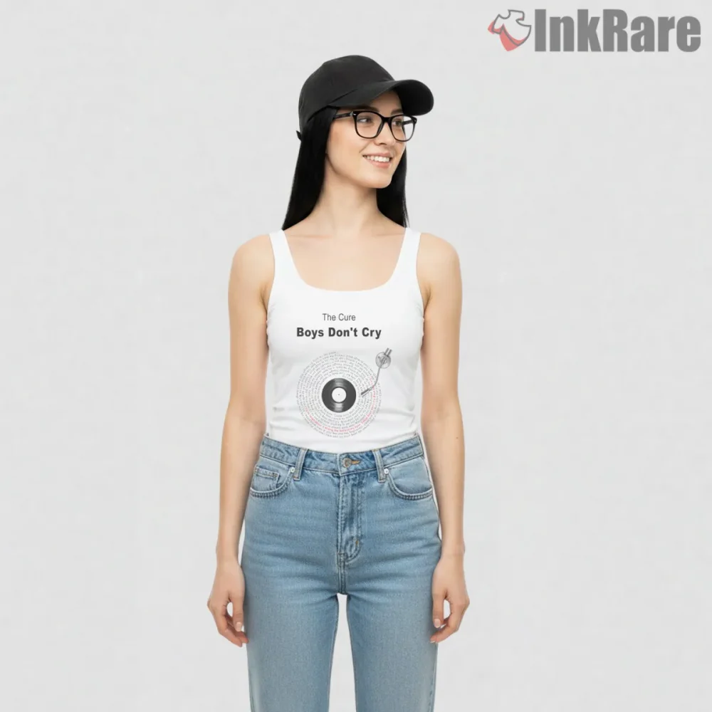 The Cure Boys Dont Cry Vinyl Lyrics Shirt on white tank top for women graphic tee