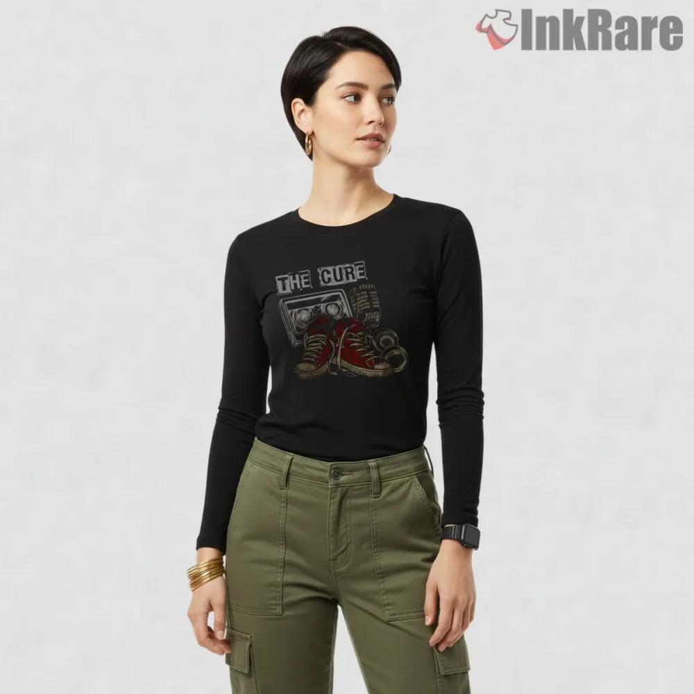 The Cure Cassette And Sneakers Retro Shirt on black long sleeve shirt for women graphic tee