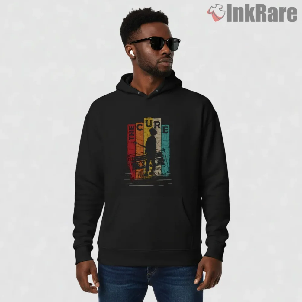 The Cure Cassette Tape Retro Shirt on black hoodie for men graphic tee