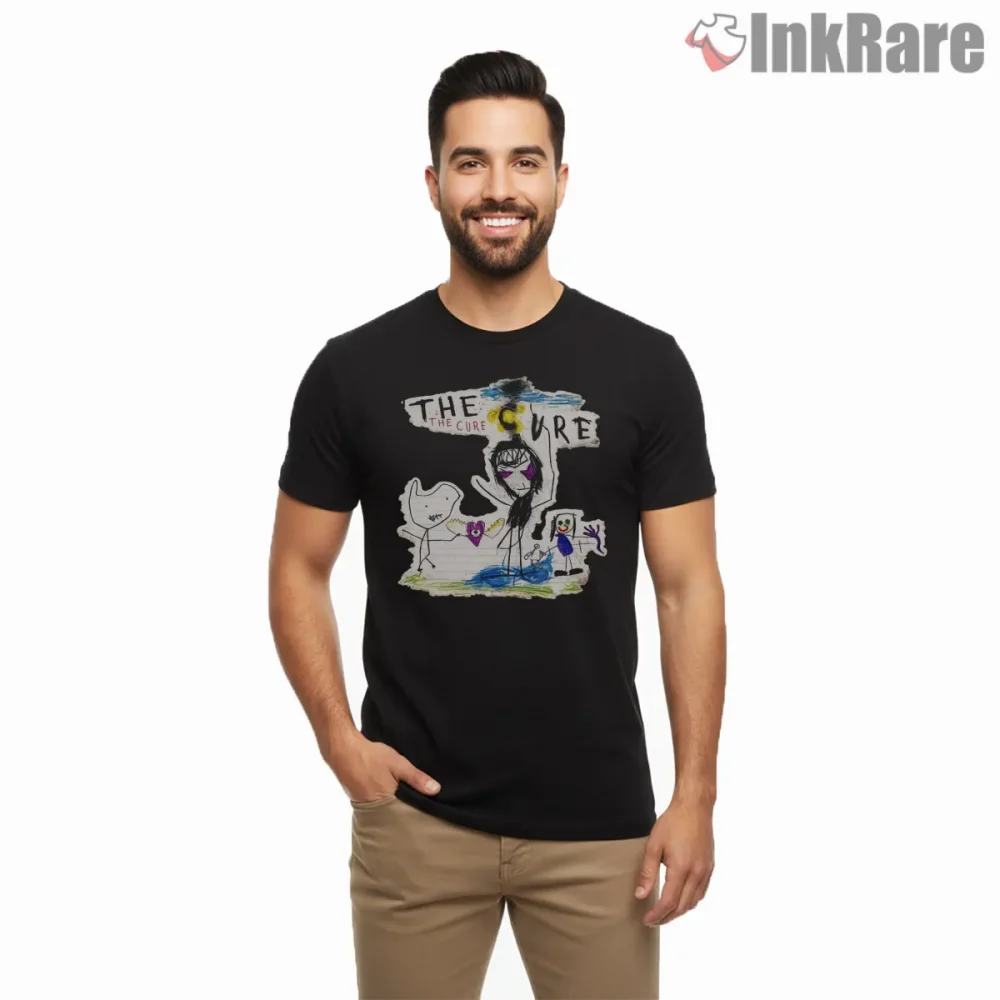 The Cure Childlike Sketch Art Shirt on black short sleeve shirt for men graphic tee
