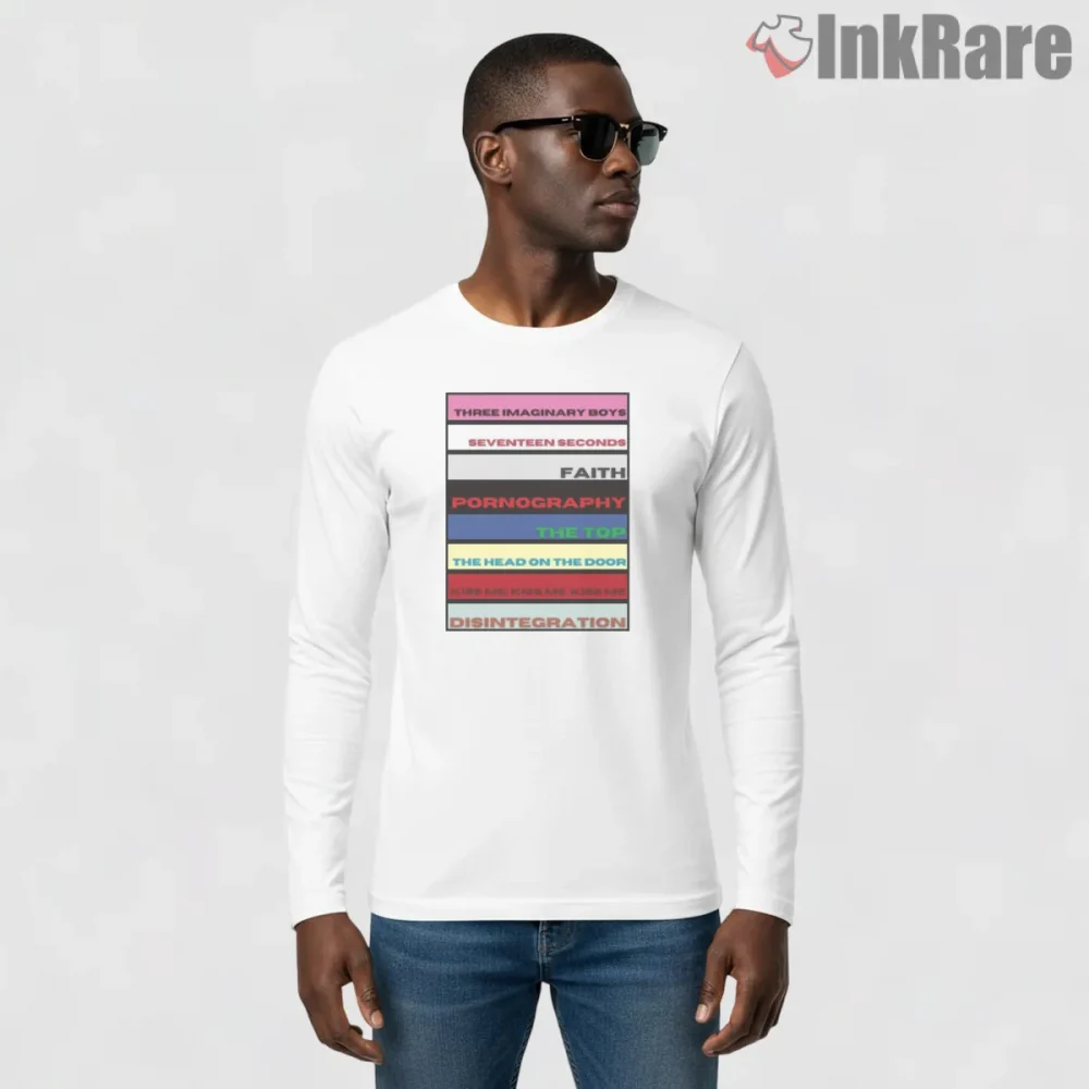 The Cure Classic Albums Stack Shirt on white long sleeve shirt for men graphic tee