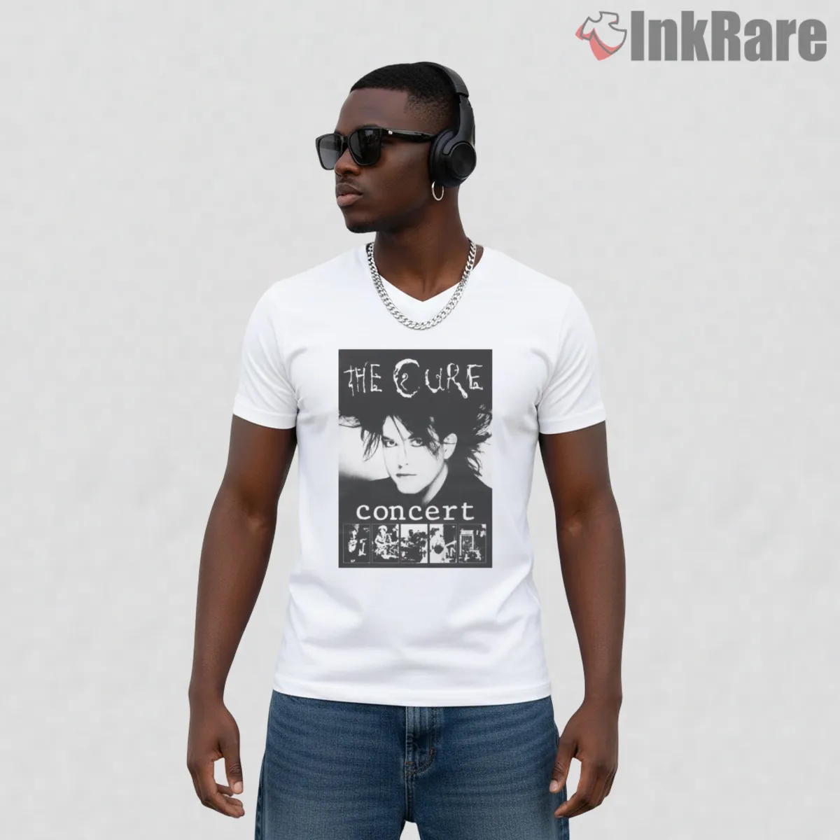 The Cure Concert Gothic Portrait Shirt on white v-neck shirt for men graphic tee