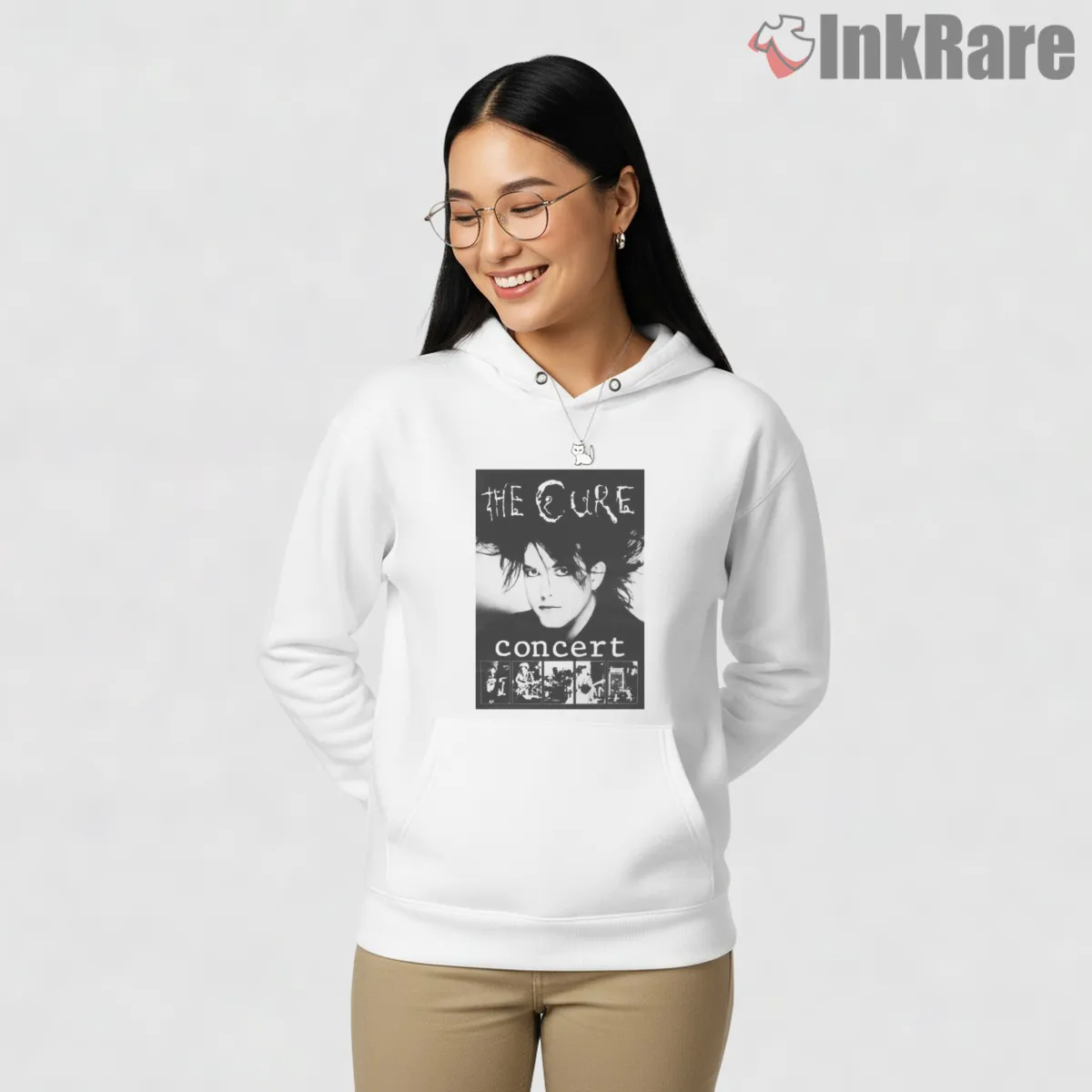 The Cure Concert Gothic Portrait Hoodie White The Cure Concert Gothic Portrait Shirt on white hoodie for women graphic tee