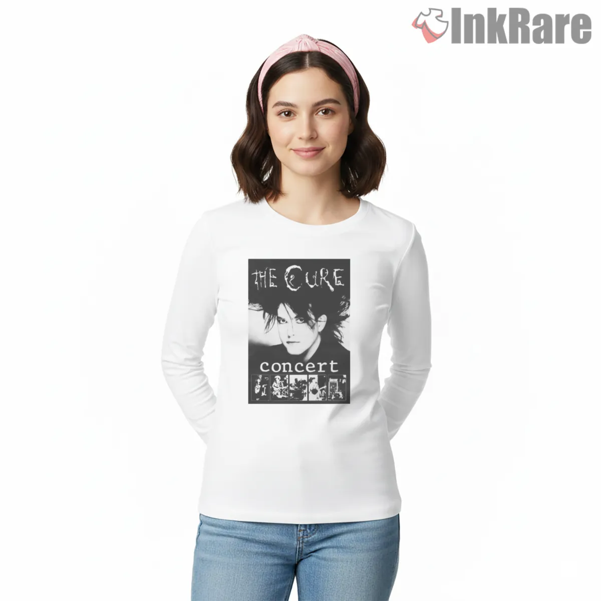 The Cure Concert Gothic Portrait Long Sleeve White The Cure Concert Gothic Portrait Shirt on white long sleeve shirt for women graphic tee
