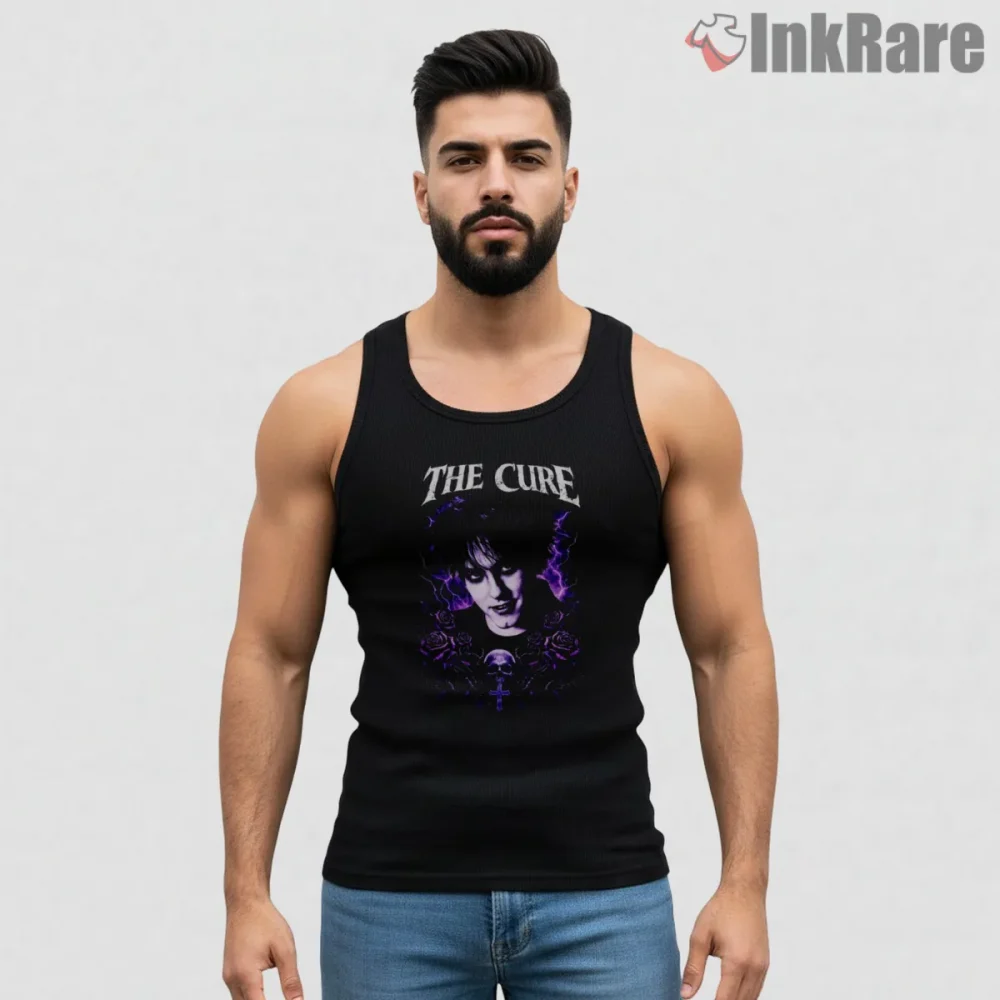 The Cure Dark Gothic Skull Portrait Shirt on black tank top for men graphic tee