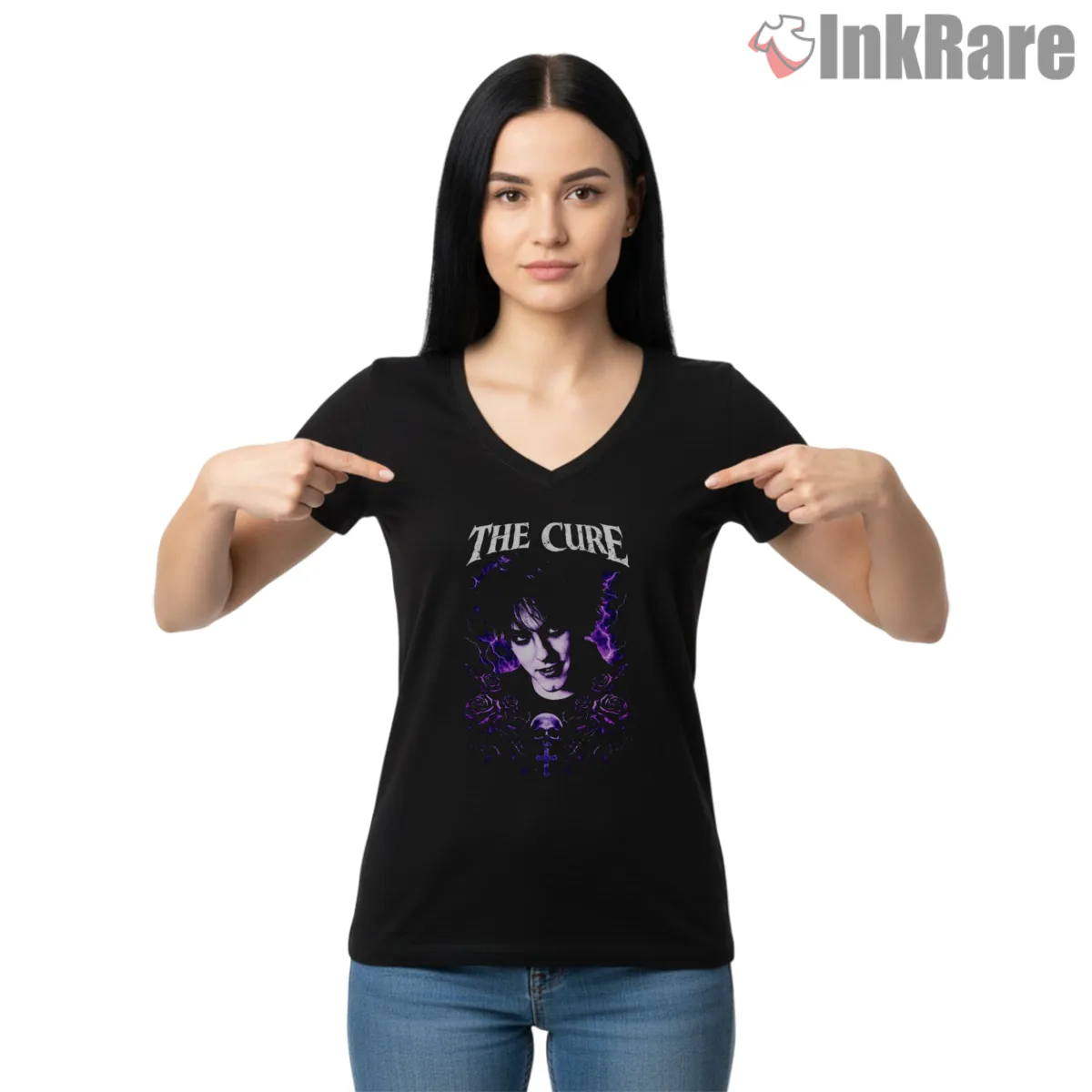 The Cure Dark Gothic Skull Portrait V Neck Black The Cure Dark Gothic Skull Portrait Shirt on black v-neck shirt for women graphic tee