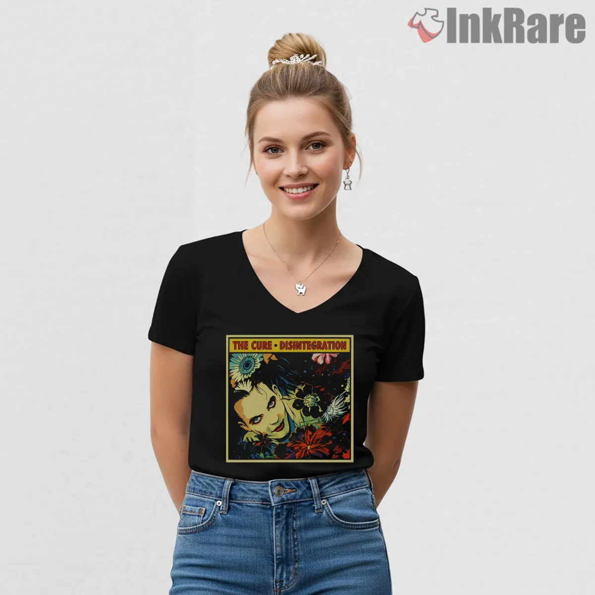 The Cure Disintegration Psychedelic Comic V Neck Black The Cure Disintegration Psychedelic Comic Shirt on black v-neck shirt for women graphic tee
