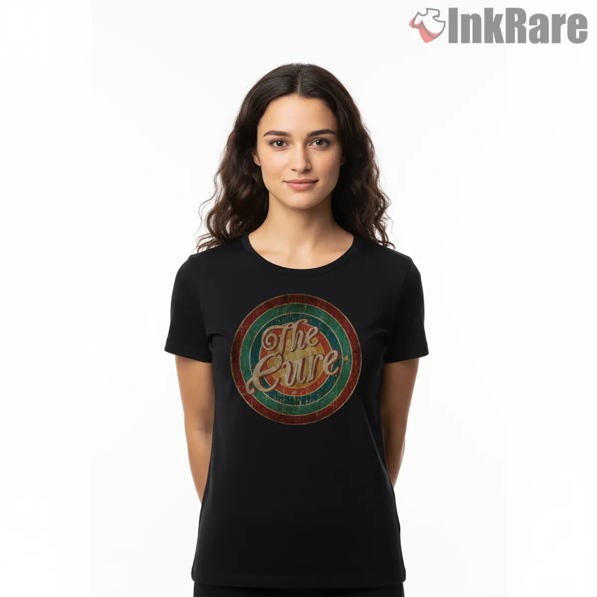 The Cure Distressed Retro Circle Logo Short Sleeve Black The Cure Distressed Retro Circle Logo Shirt on black short sleeve shirt for women graphic tee