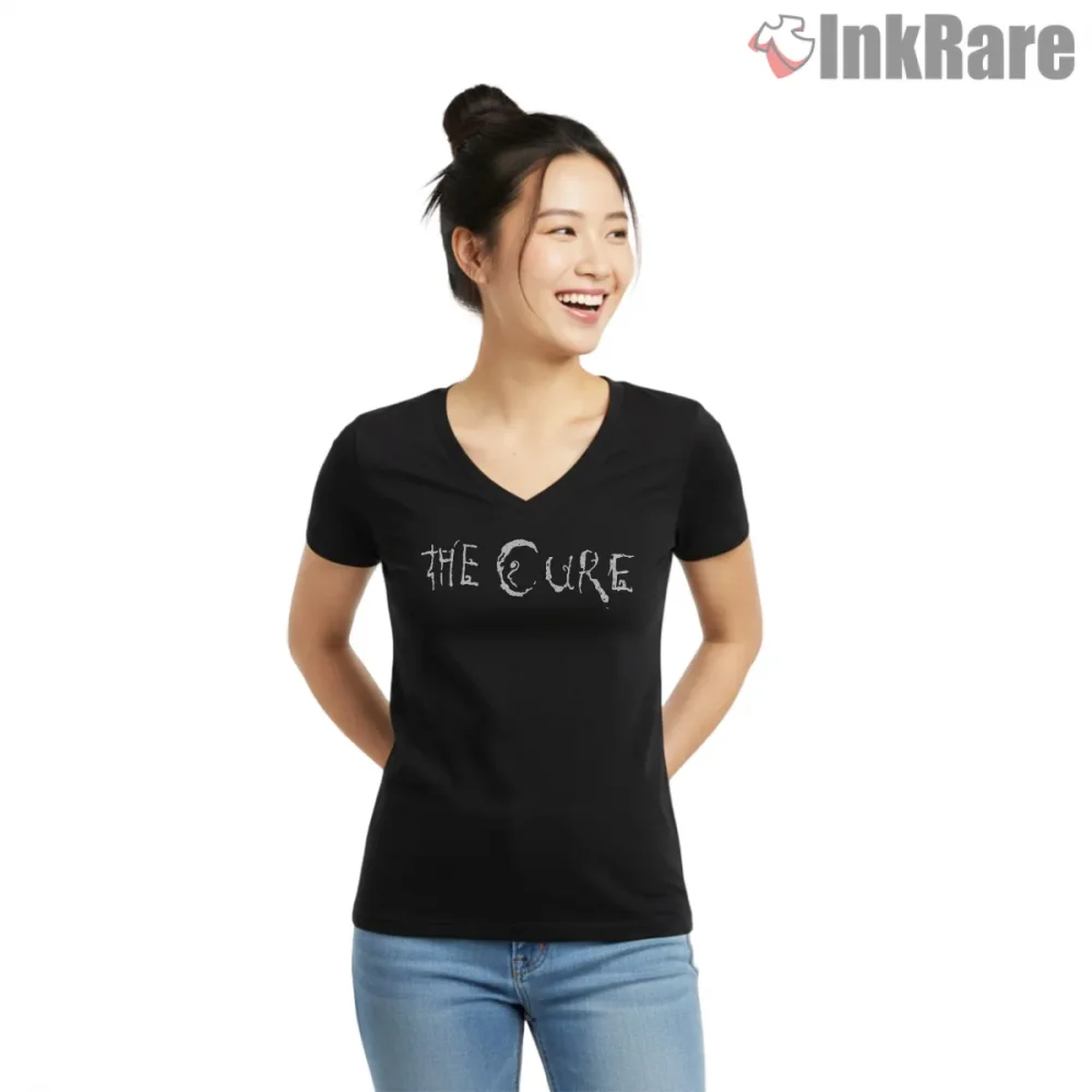 The Cure Distressed White Logo Shirt on black v-neck shirt for women graphic tee