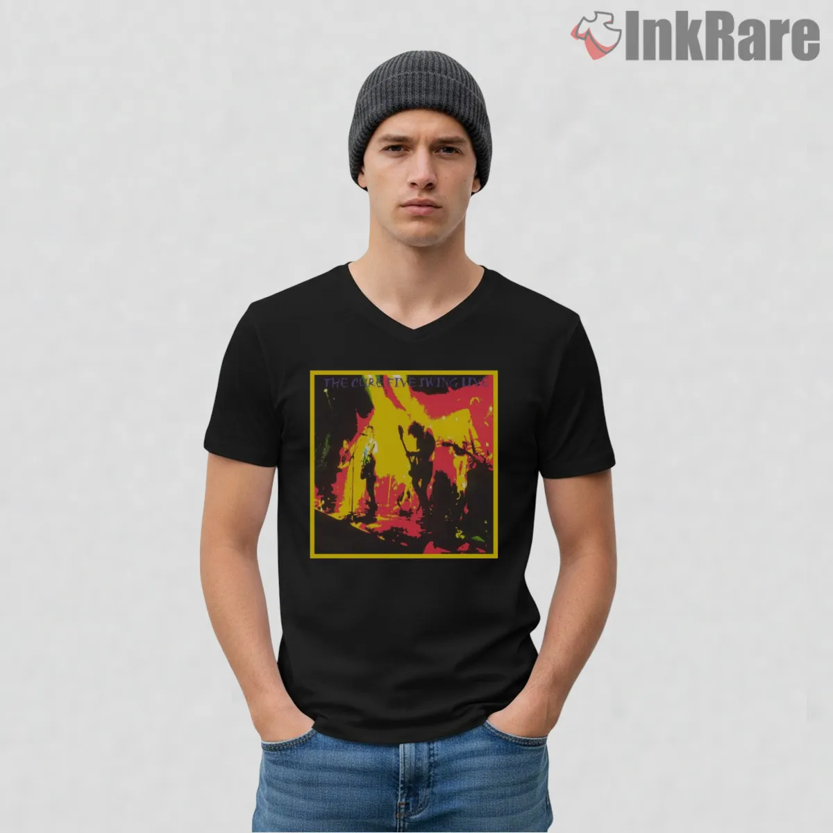 The Cure Five Swing Live Concert V Neck Black The Cure Five Swing Live Concert Shirt on black v-neck shirt for men graphic tee