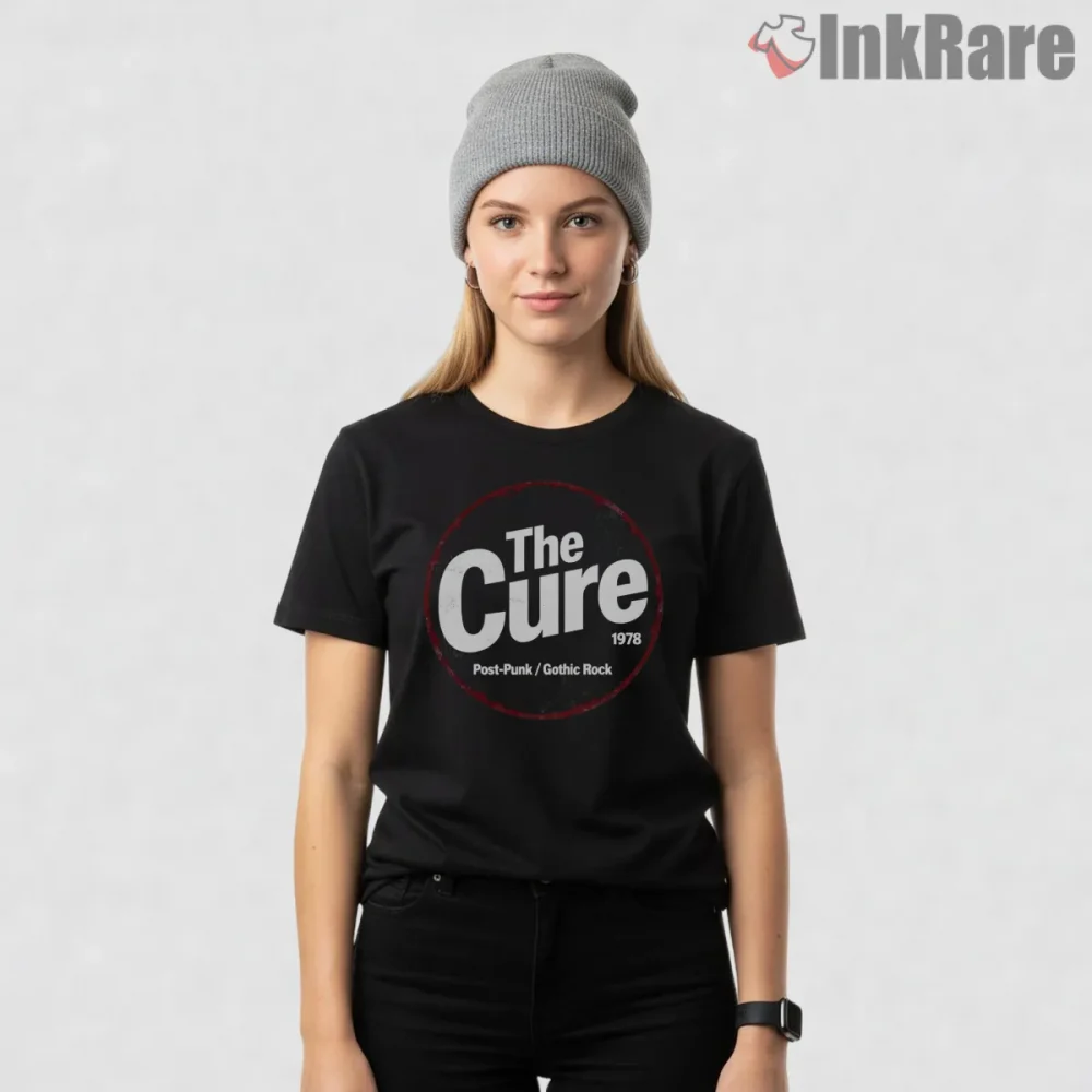 The Cure Gothic Rock Circle Logo Shirt on black short sleeve shirt for women graphic tee