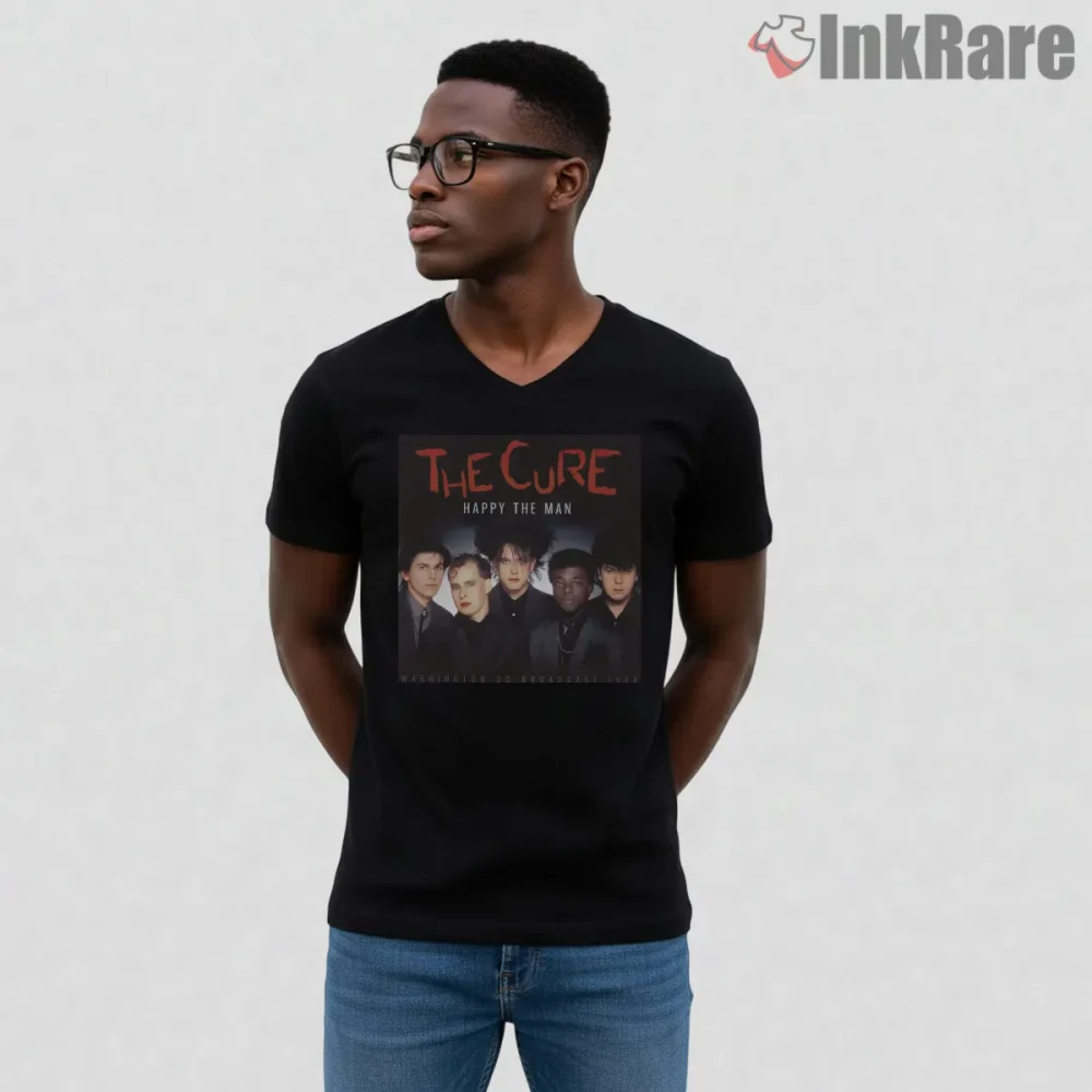The Cure Happy The Man Retro Portrait Shirt on black v-neck shirt for men graphic tee