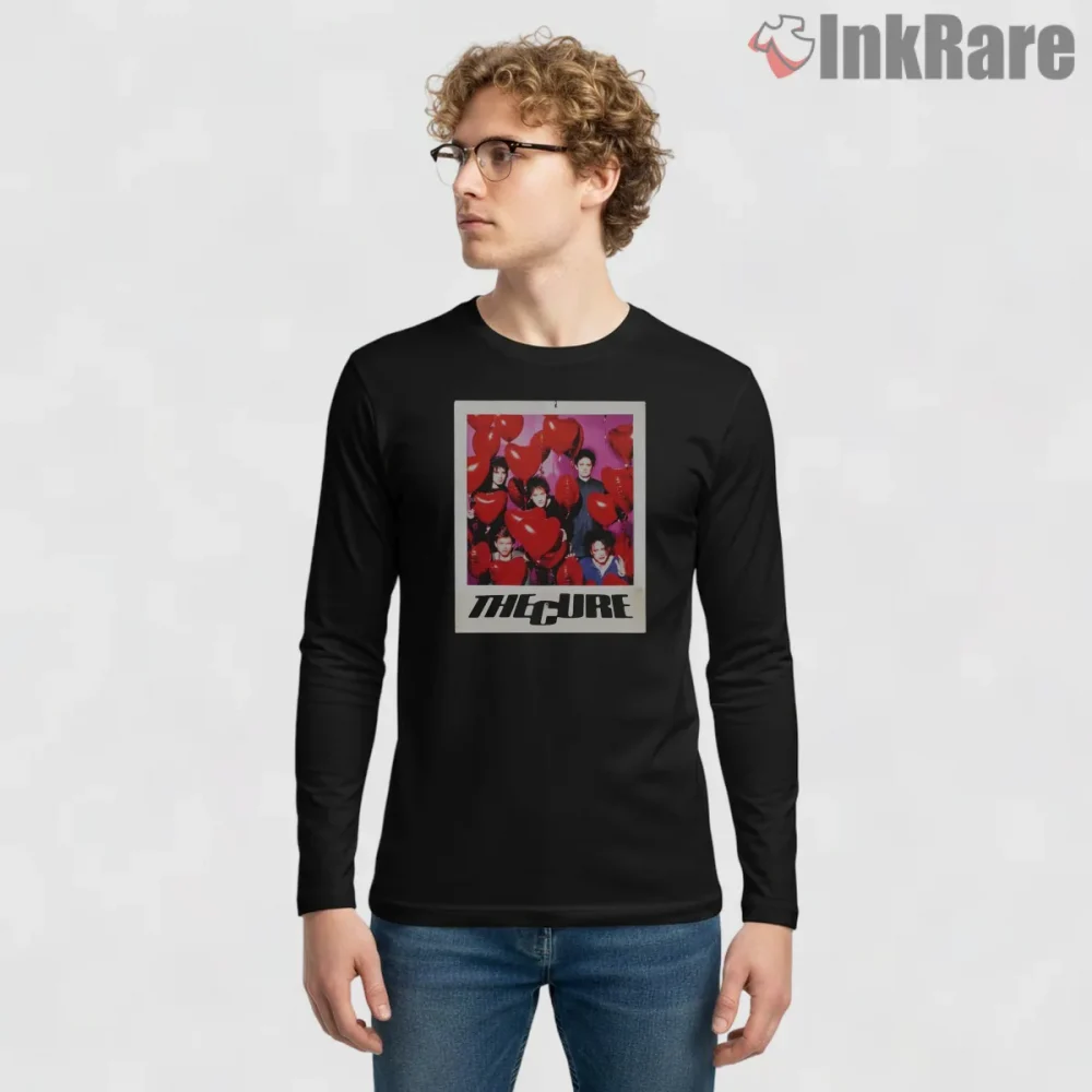 The Cure Heart Balloon Polaroid Shirt on black long sleeve shirt for men graphic tee