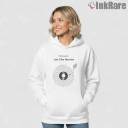 The Cure Just Like Heaven Vinyl Lyrics Shirt on white hoodie for women graphic tee