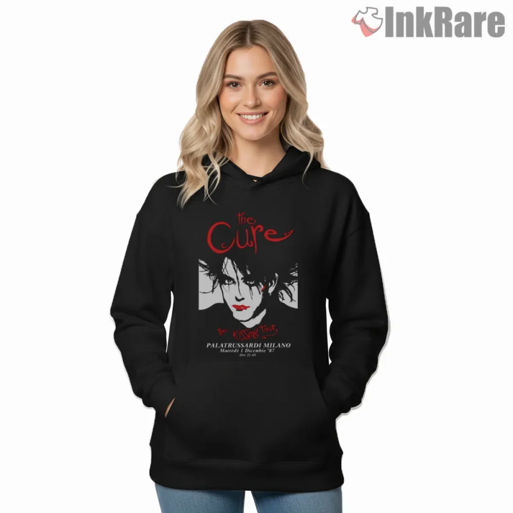The Cure Kissing Tour Milano 1987 Shirt on black hoodie for women graphic tee
