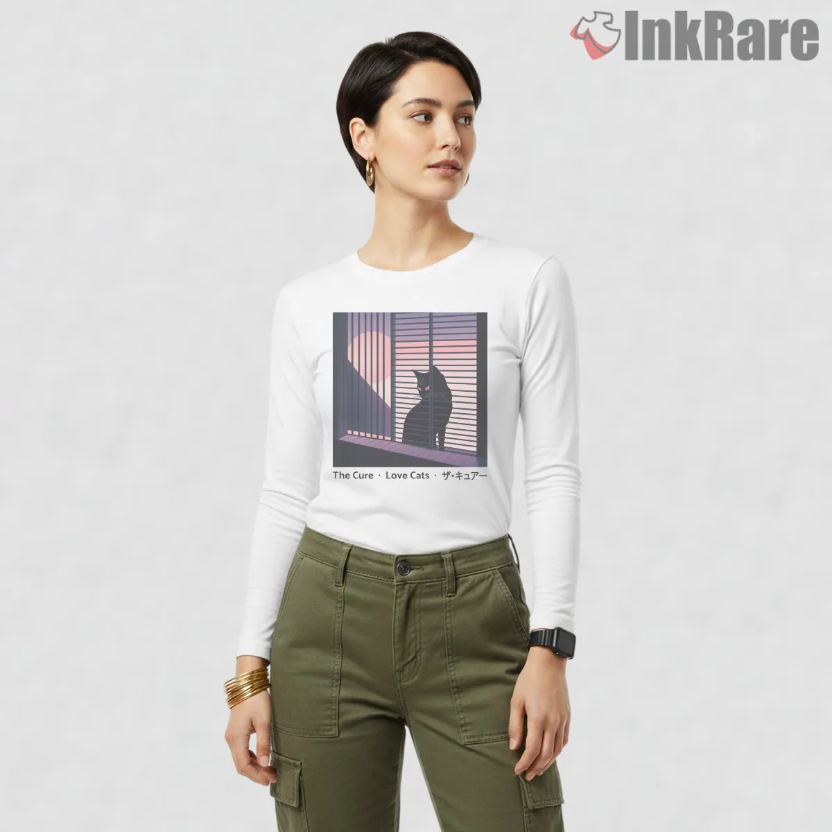The Cure Lovecats Midnight Window Shirt on white long sleeve shirt for women graphic tee