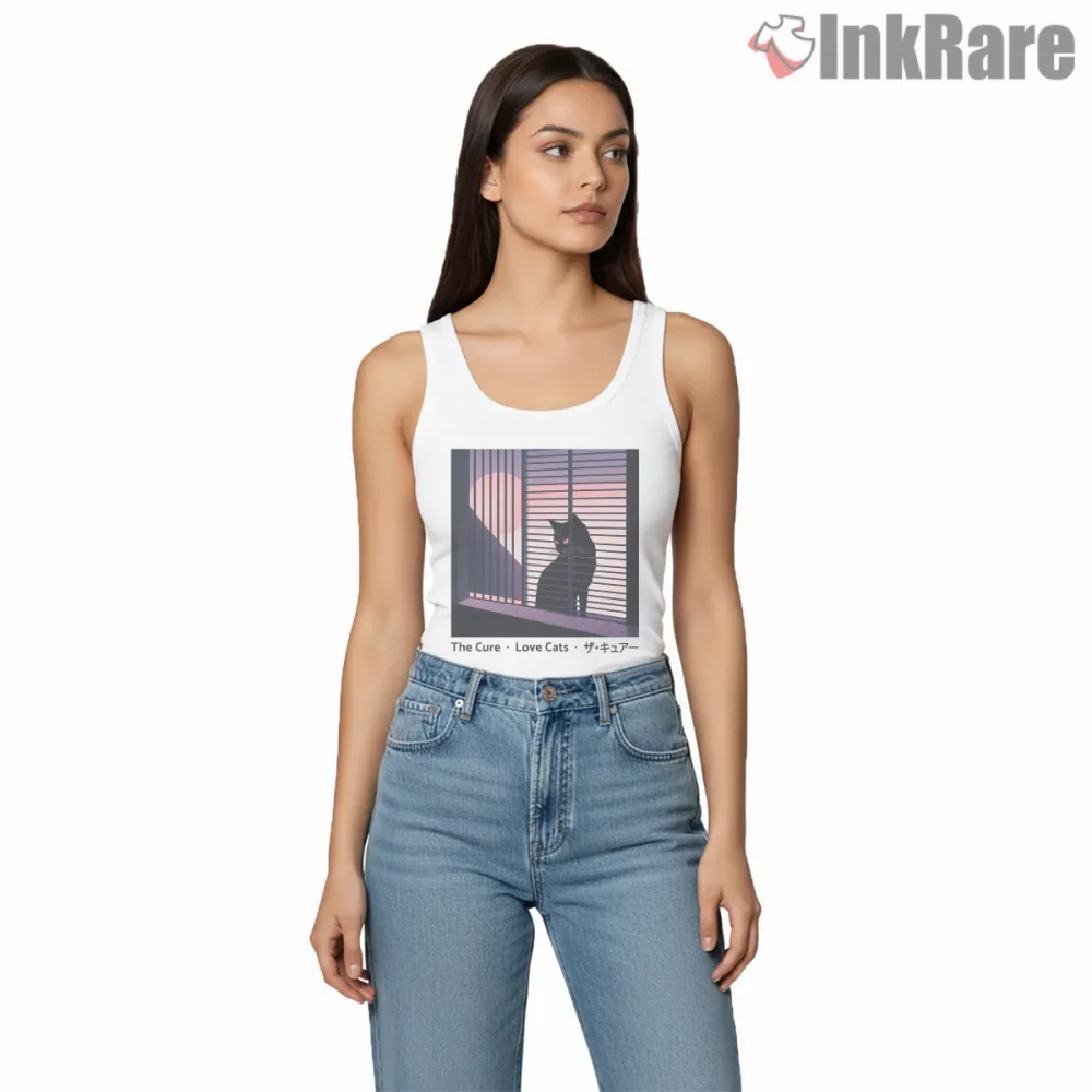 The Cure Lovecats Midnight Window Shirt on white tank top for women graphic tee