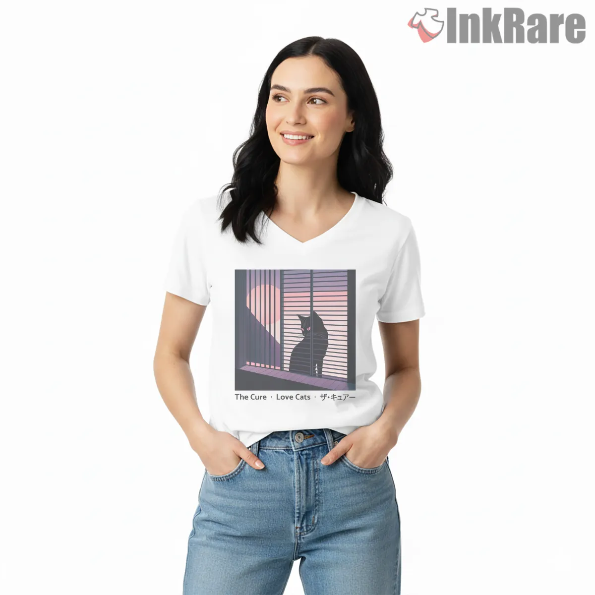 The Cure Lovecats Midnight Window V Neck White The Cure Lovecats Midnight Window Shirt on white v-neck shirt for women graphic tee