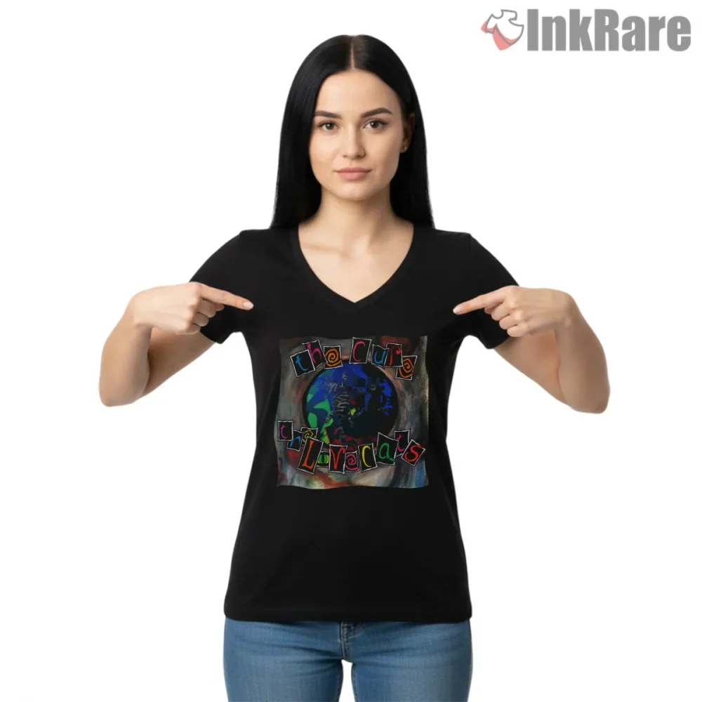 The Cure Lovecats Psychedelic Collage Shirt on black v-neck shirt for women graphic tee
