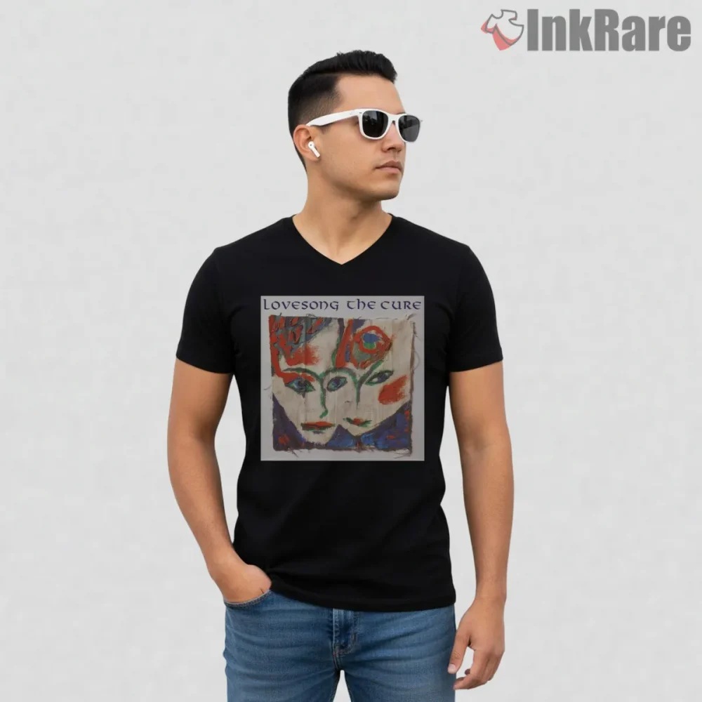 The Cure Lovesong Abstract Album Shirt on black v-neck shirt for men graphic tee