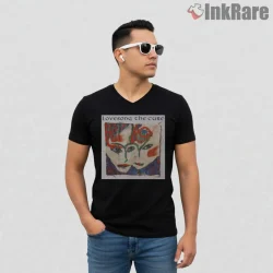 The Cure Lovesong Abstract Album Shirt on black v-neck shirt for men graphic tee