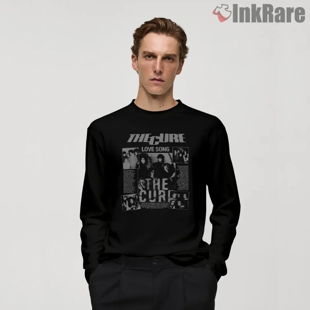 The Cure Lovesong Vintage Collage Shirt on black long sleeve shirt for men graphic tee