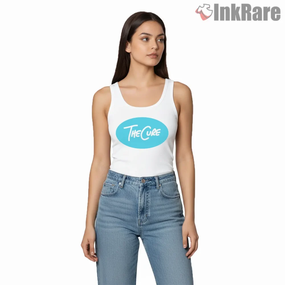 The Cure Minimal Blue Oval Logo Shirt on white tank top for women graphic tee