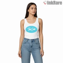 The Cure Minimal Blue Oval Logo Shirt on white tank top for women graphic tee