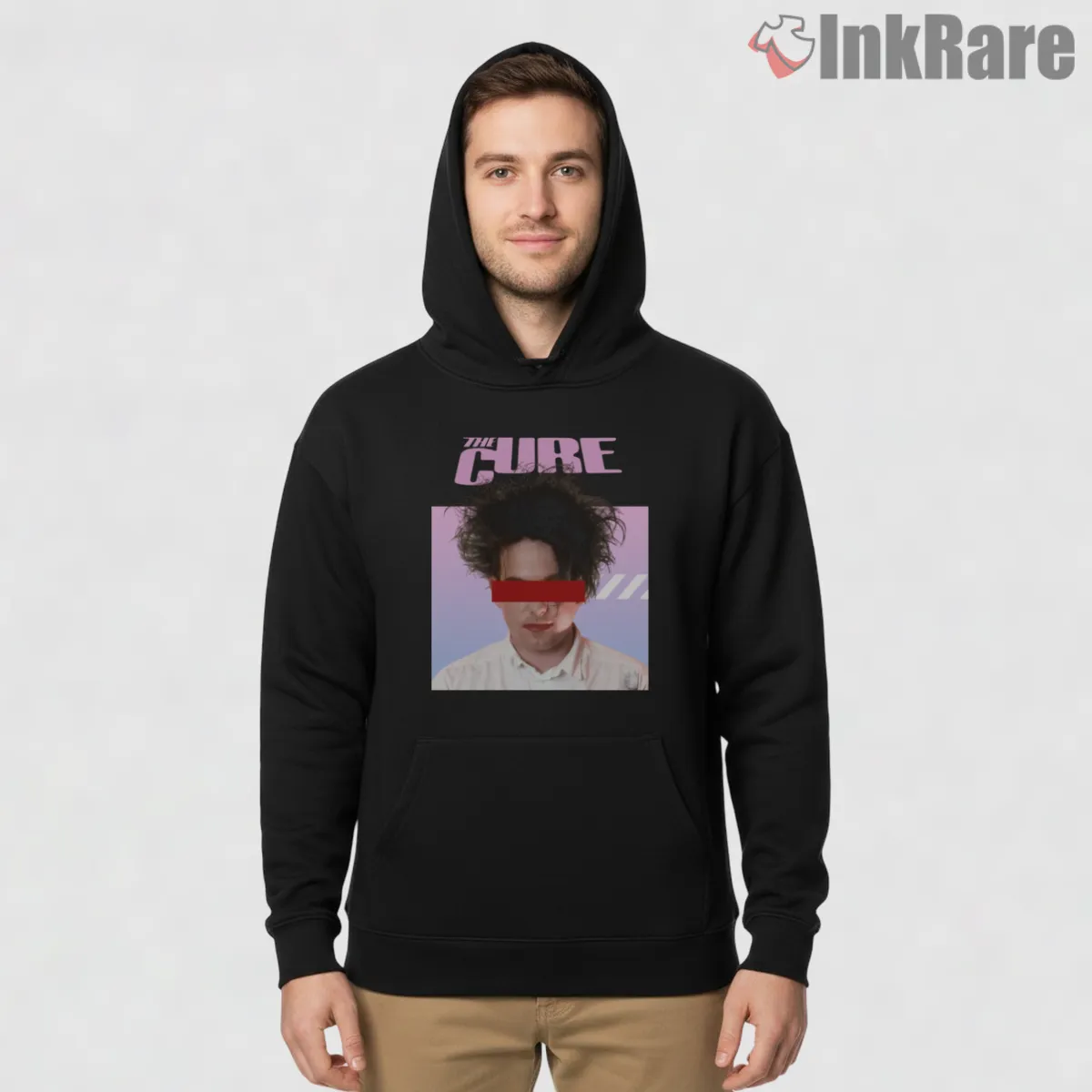 The Cure Modern Glitch Portrait Shirt on black hoodie for men graphic tee