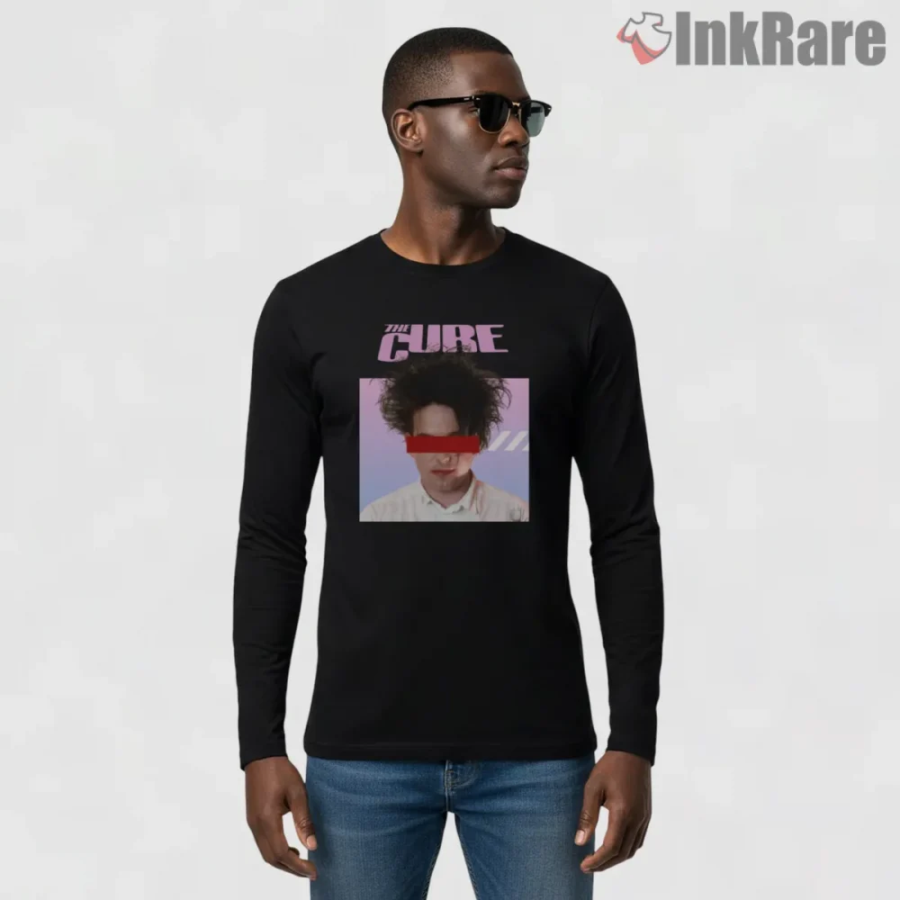 The Cure Modern Glitch Portrait Shirt on black long sleeve shirt for men graphic tee