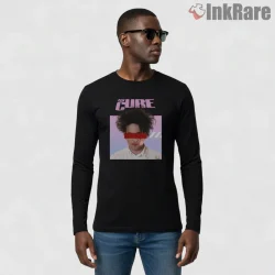 The Cure Modern Glitch Portrait Shirt on black long sleeve shirt for men graphic tee