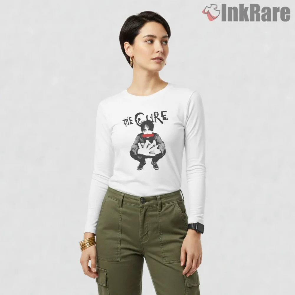 The Cure Modern Street Portrait Shirt on white long sleeve shirt for women graphic tee
