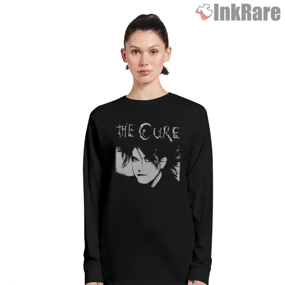 The Cure Monochrome Robert Smith Portrait Shirt on black long sleeve shirt for women graphic tee