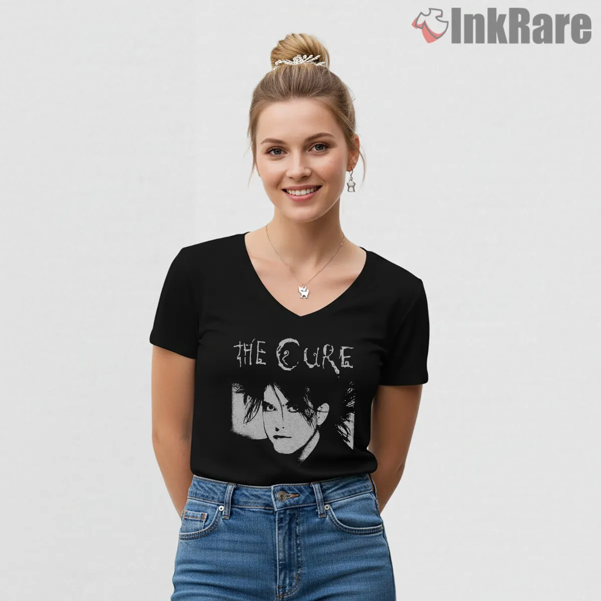The Cure Monochrome Robert Smith Portrait V Neck Black The Cure Monochrome Robert Smith Portrait Shirt on black v-neck shirt for women graphic tee